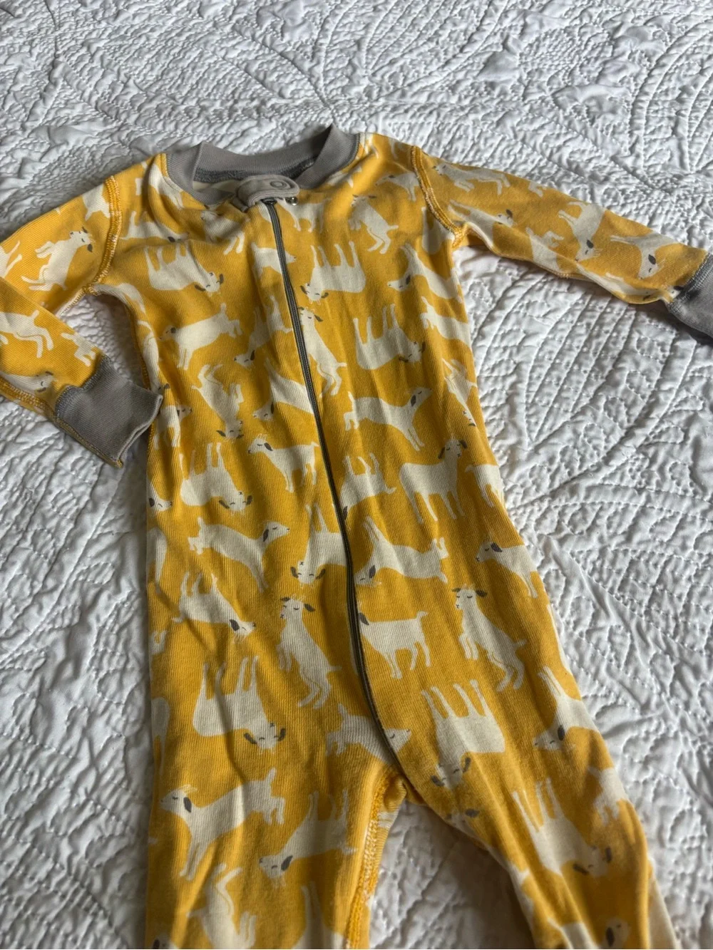Hanna Anderson Yellow and Gray Goat Print Full Zip One Piece Pajamas